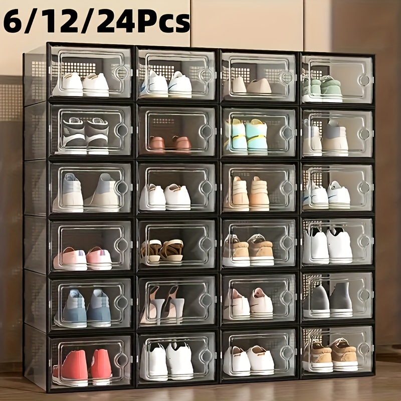 6 12 24 pack large shoe storage organizer for closet   saving shoe boxes clear plastic stackable containers display case bins with lids shoe rack for sneaker storage white and black