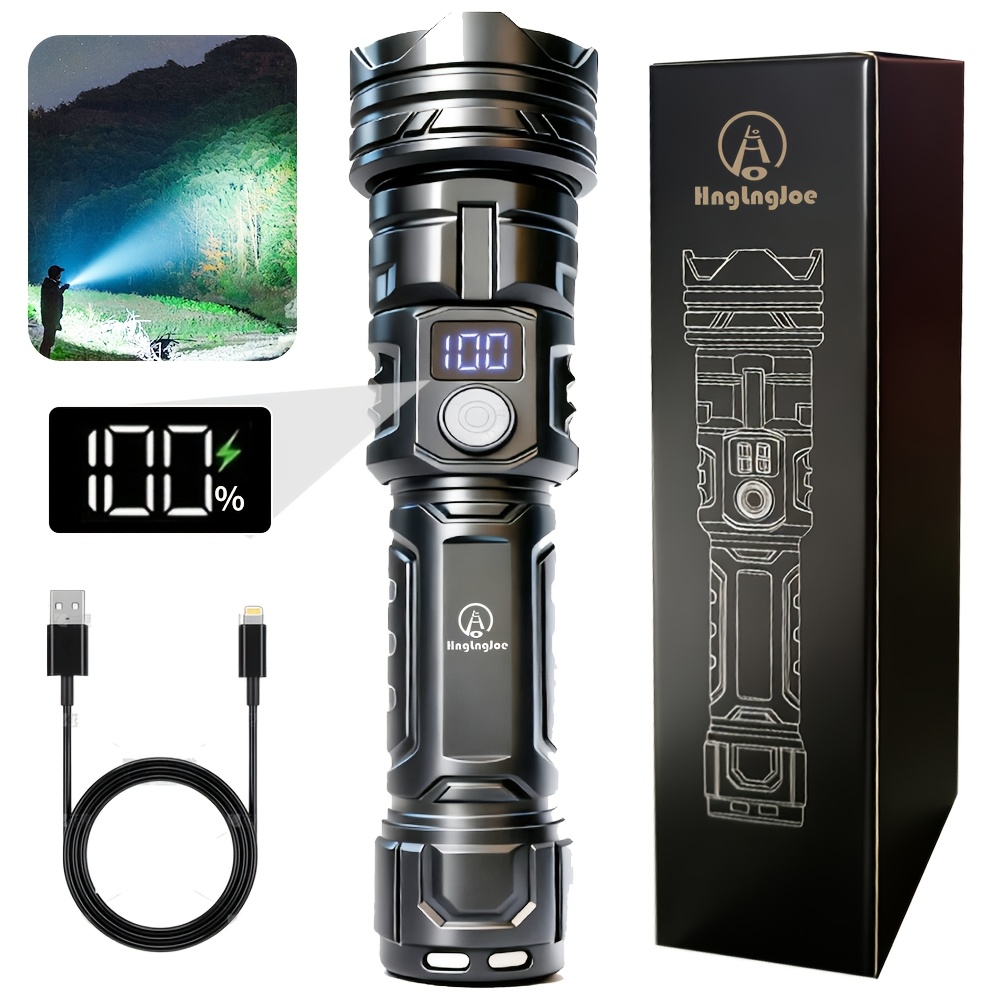 TEMU A Beautiful And High-brightness Flashlight, With A 1200mah Rechargeable Lithium Battery Display. Portable And Suitable For Outdoor Camping, Mountain Climbing, Hiking, Fishing Or Emergency .