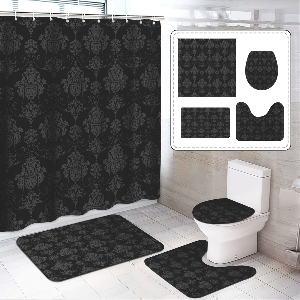 

Halloween Shower Curtain Set, 1pc/3pcs/4pcs, Polyester , Shower Curtain 12 , Bathroom Mat, U-shaped Mat, Mat, Bathroom Decoration Accessories, Decoration