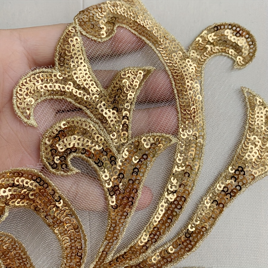 Golden and Silvery Sequined Embroidered Flower Fabric Patches