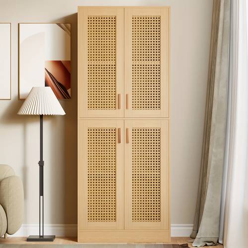 71 freestanding kitchen cabinet with 4 rattan doors modern oak black pantry cabinet mdf hardwood buffet sideboard with open shelves closed cabinets for living room dining room entryway versatile storage furniture contemporary oak durable mdf construction