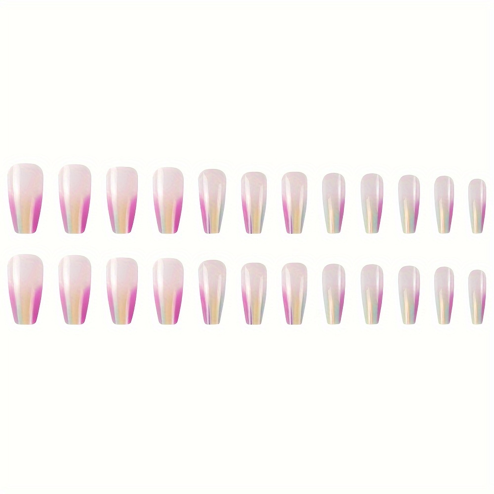 medium coffin press on nails pinkish gradient rainbow halo dyeing pattern fake nails glossy artificial finger manicure false nails details 2