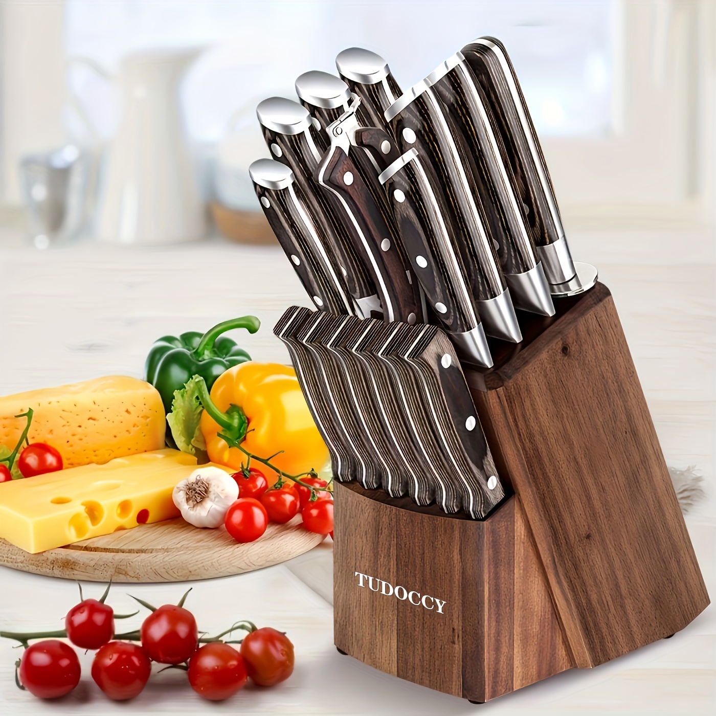 

16pcs Kitchen Knife Set With Wooden & Built-in Sharpener, Contoured Handles And Steel Knife Set & Scissors