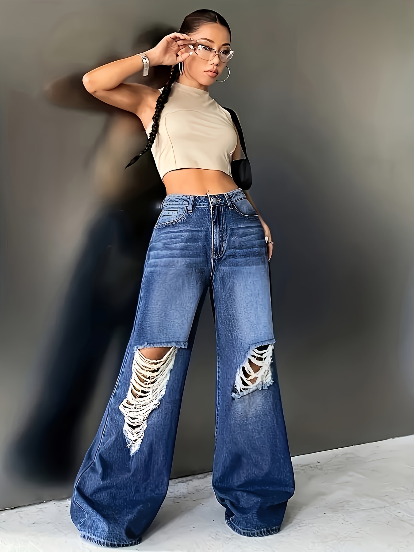 women's high distressed straight leg jeans loose fit Temu Germany