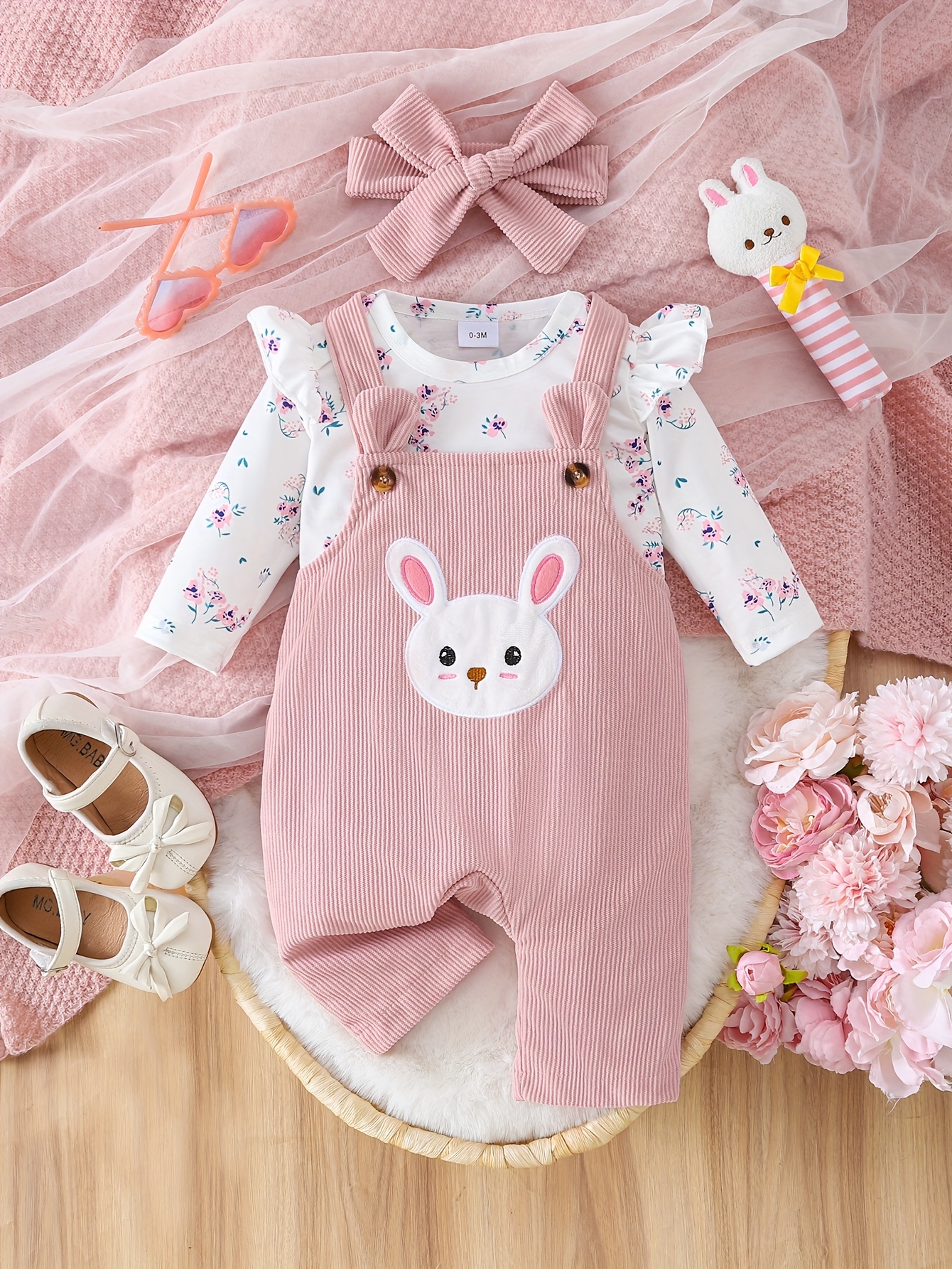 fashionable girls   over floral print top corduroy rabbit overalls set headscarf 3pcs set   outdoor