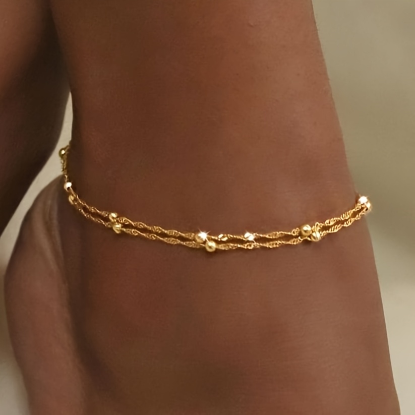 Fashionable Beach Round Bead Round Piece Pendant Anklet, Easy And Versatile Copper Bead Chain Double-layer Foot Jewelry