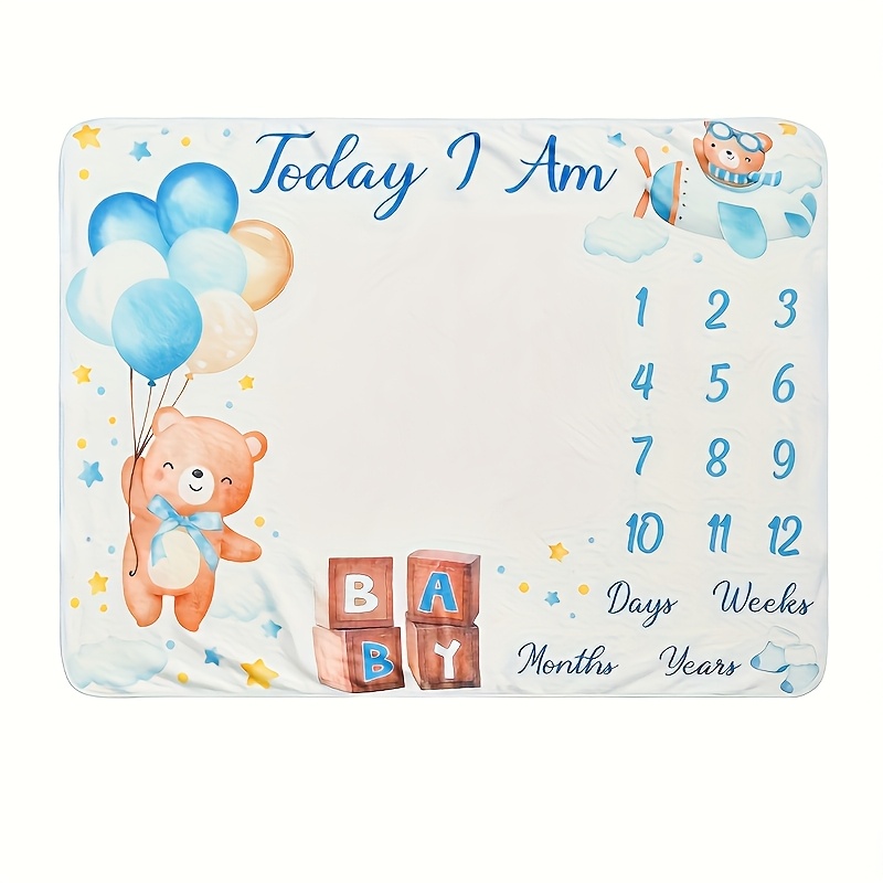 TEMU Baby Month Milestone Blanket Cute Bear Balloon Photography Flannel Blanket Baby Cart Blanket Baby Growth Record Photography Carpet Felt Frame