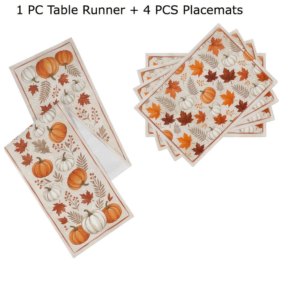 TEMU 5/6/7/8pcs Bright Seasonal Botanical Alternating Pumpkins And Table Runner, Placemats, And Tissue Box Cover Set Seasonal Decor For Fall And