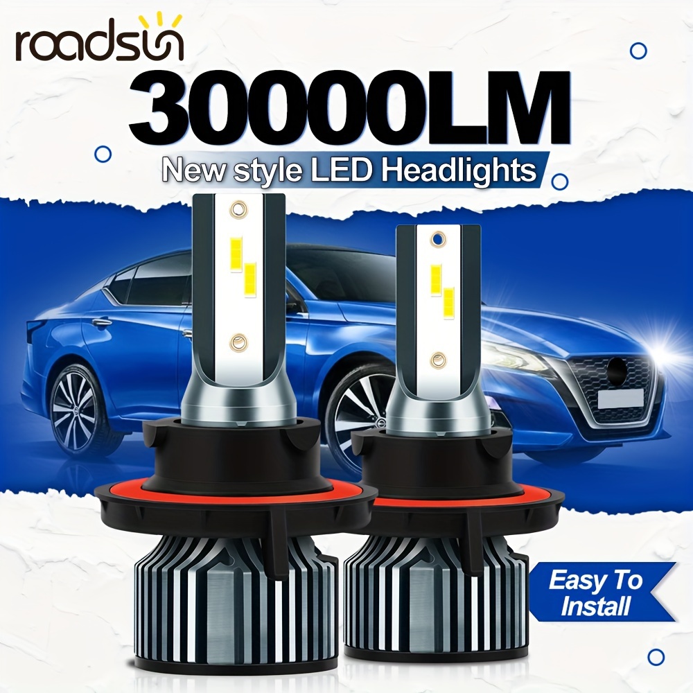 

Roadsun 2pcs H13 9005/hb3 9006/hb4 H1 H4 H7 H11 High Low Beam Led Car Headlights, 30000lm 210w 6500k White Super Bright Two-side Csp Chip, 300m Exposure Distance