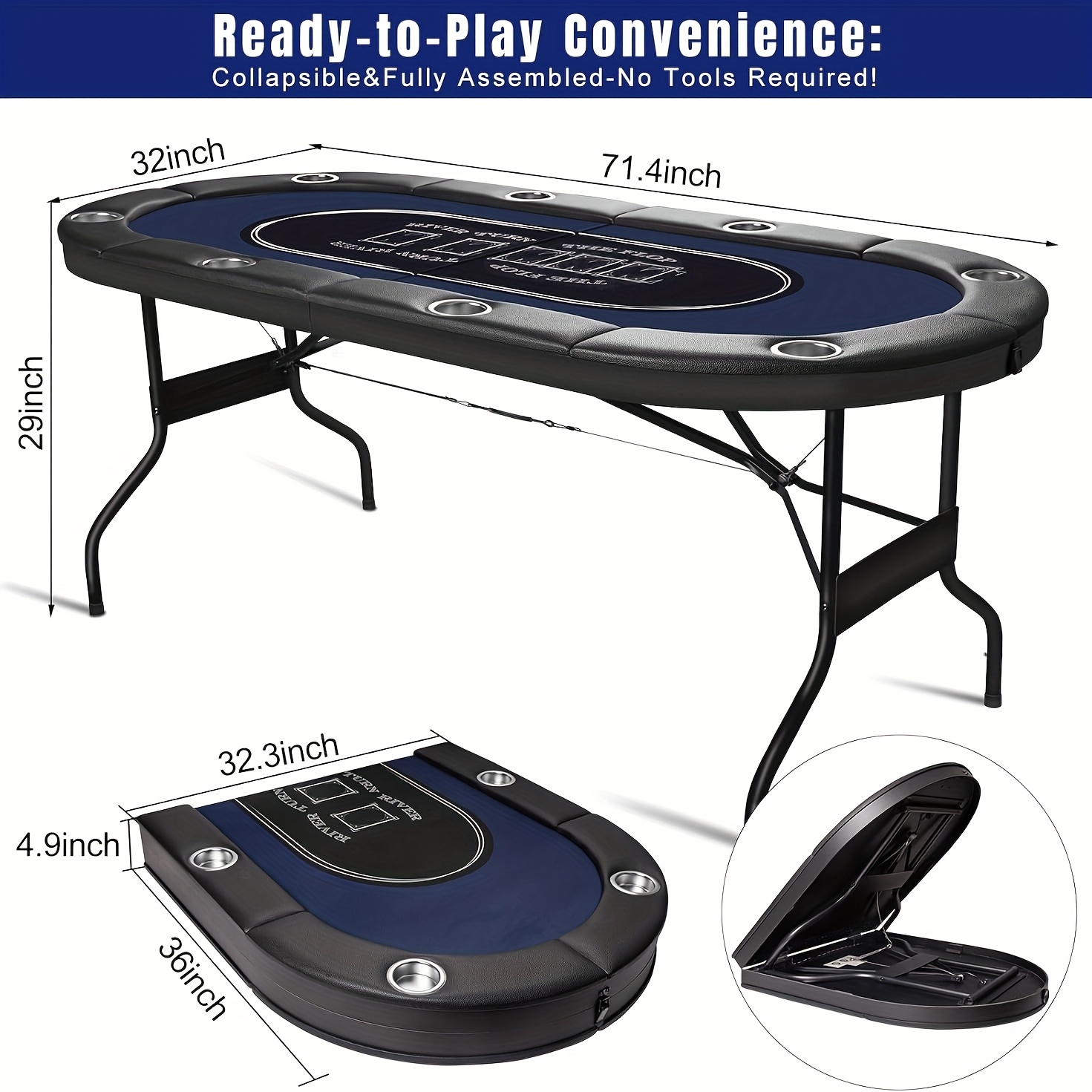 8-Person Folding Poker Table with Padded Guardrails & Cup Holders