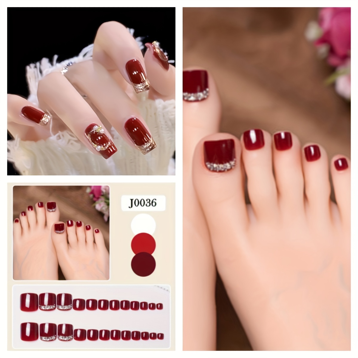 

Red New Year Shining Diamond False Nail Set For Hand Nail, And False Toe Patch Combination Set