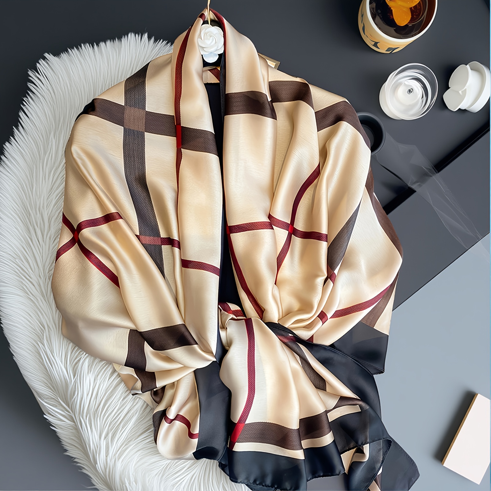 1pc Plaid Luxury Brand /summer Oversized Shawl Neck Scarf, Yarn Shawl, Fashionable Beach Towel, Printed Scarf, Long Soft Warm Scarf, Vacation Fashion Scarf For Women, Spring/summer