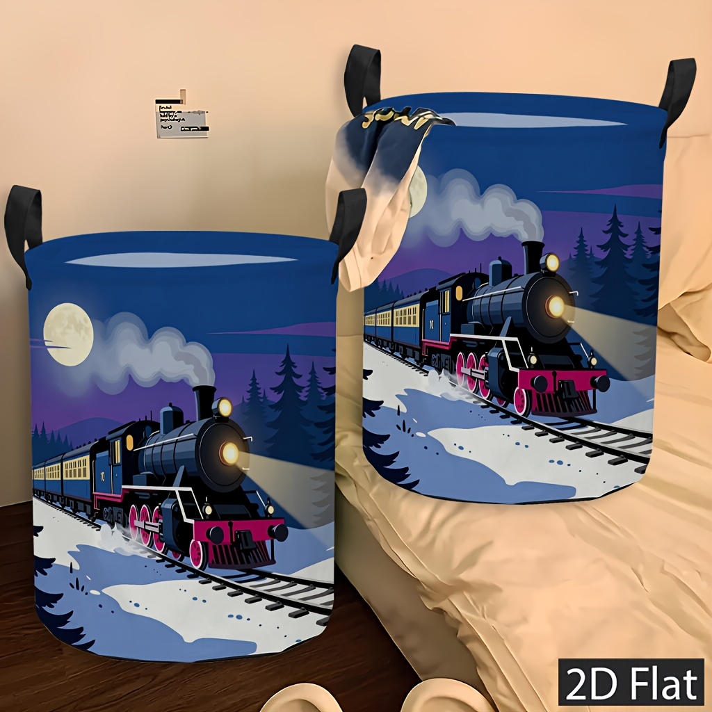 item picture 1  foldable laundry basket hamper with steam   night scene   art deco round storage bin suitable for laundry room bedroom foldable polyester clothes hamper with sturdy handle for 2d flat laundry baskets