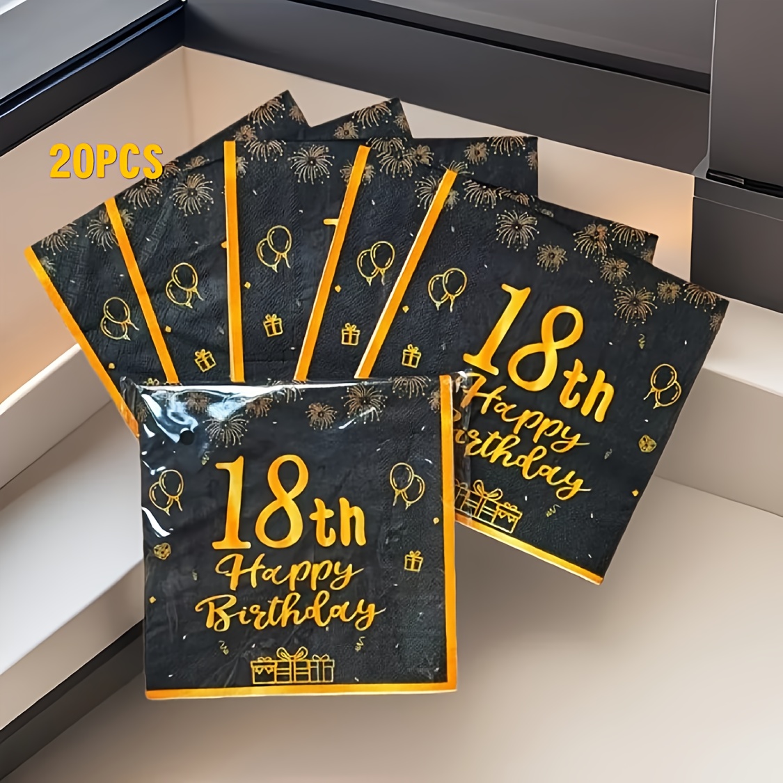 Image of Set Of 20, Measuring 13 Inches, Black And Golden Napkins For An 18th Birthday, Made Of Double-layer Wood , Suitable For Birthdays, Weddings, Festivals, And Party Decorations