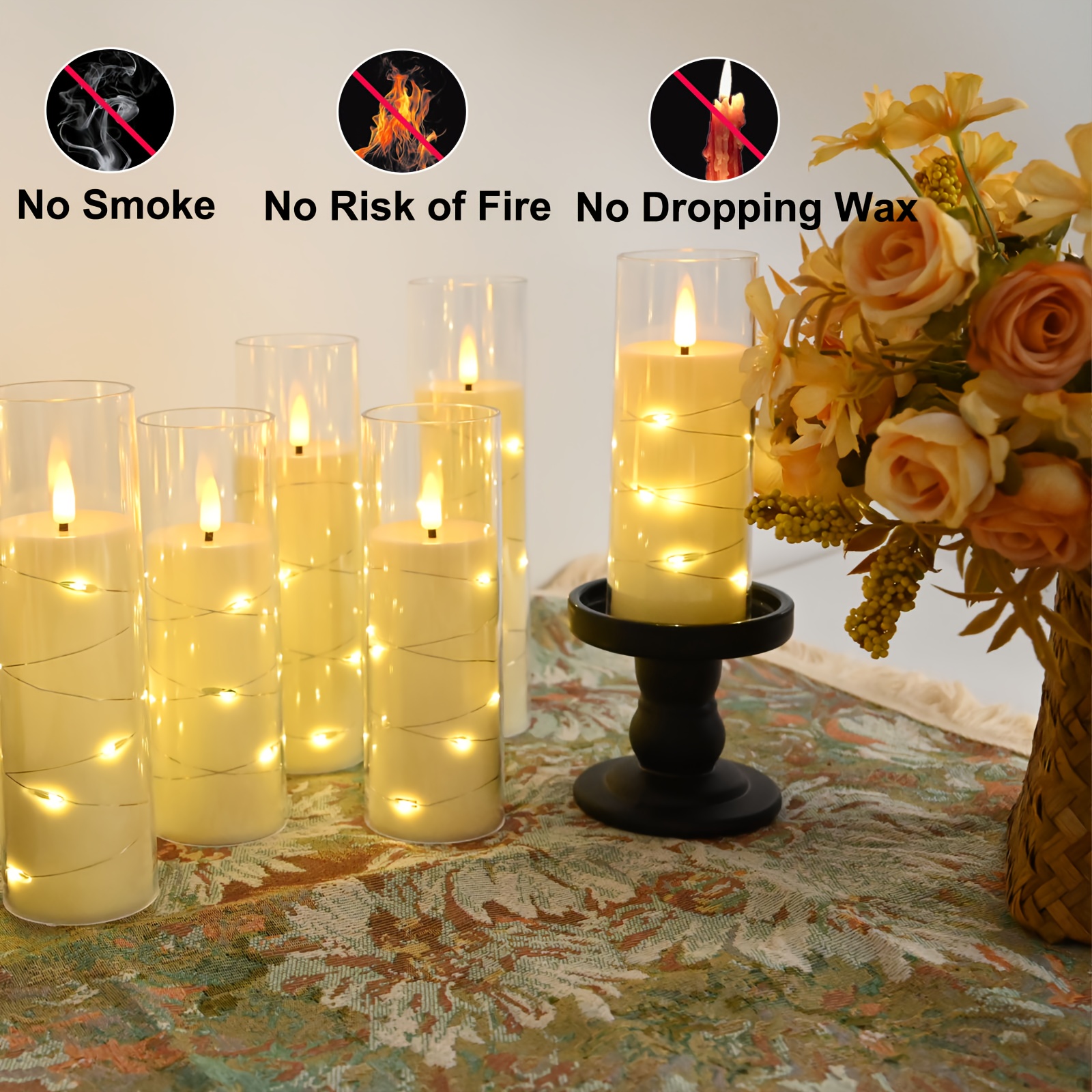 8 Stuks Flikkerende Vlamloze LED Kaarsen met Ingebouwde Feeënlichtsnoer,