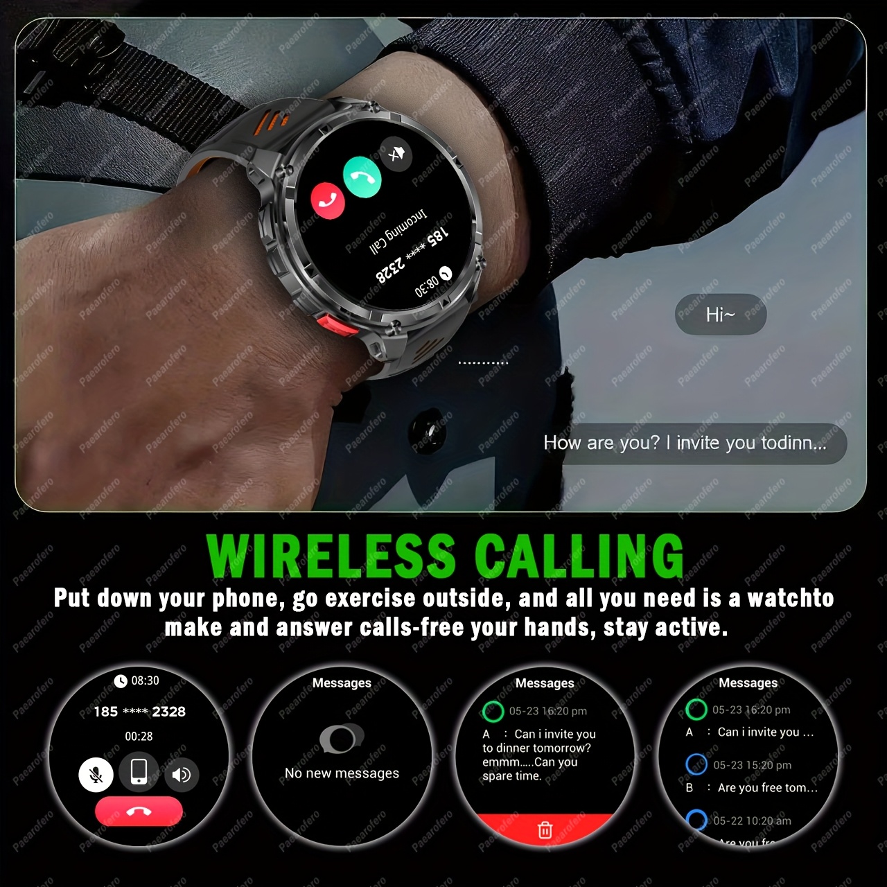 La nouvelle montre connectée 2025 avec batterie grande capacité 1100mAh, appels sans fil, notifications de messages, navigation par boussole et divers petits outils comme secondeur, réveil, lampe torche, météo, calculatrice, minuterie, podomètre calorique, 120+ modes sportifs et 100+ fonds d'écran.