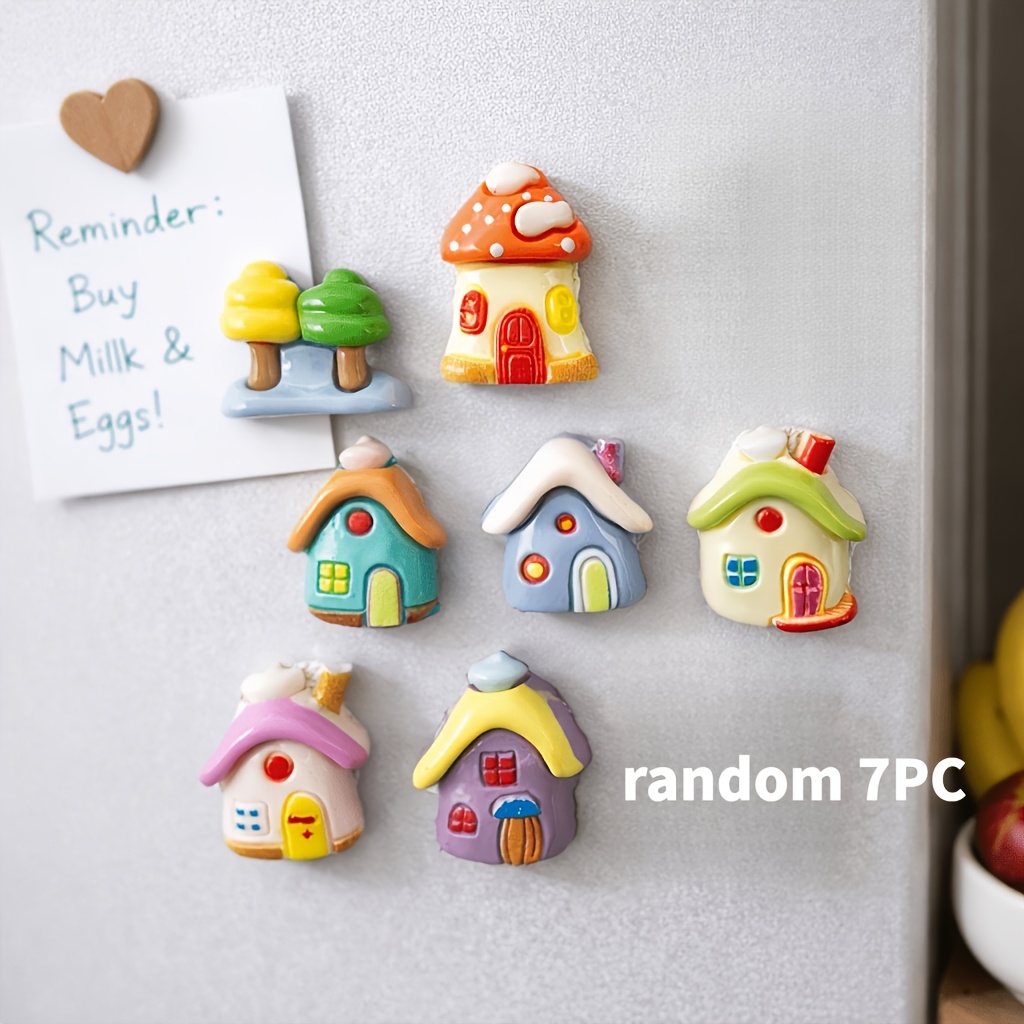 TEMU Random 7pcs Cartoon House And Tree Fridge Magnet Set, Including 8 Fully Different Non-repeating Designs And 8pcs Magnetic Tiles. Optional Magnet