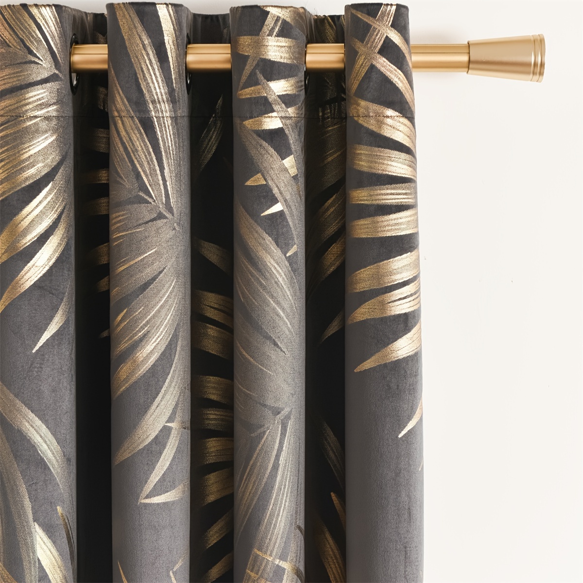 Image of 2pcs/set Premium Velvet Palm Leaf Gold Foil Ringed Curtains For Bedroom, Living Room & Dining Area - Heat Insulation, Light Blocking And Noise Reduction