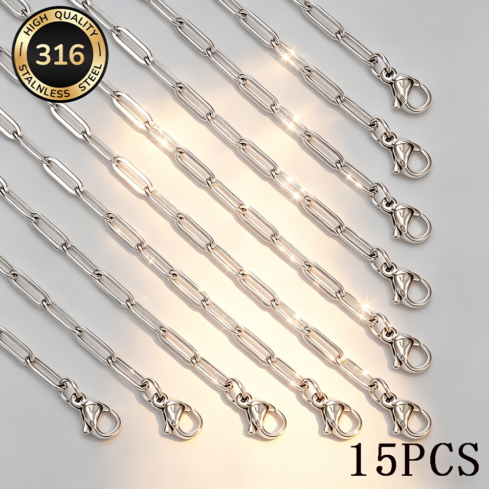 TEMU Lot de 15 chaîne croisée à câble plat en acier inoxydable, + chaîne d'extension de 5 cm/1,96 pouce, étanche, durable, non revêtu, matériau
