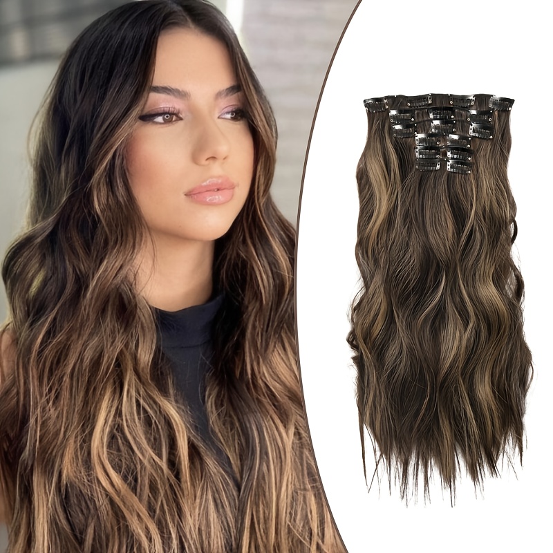 womens long wavy hair extensions 6pcs long curly strands 20inch high temperature fiber in brown with blonde highlights and dark brown synthetic hair adds volume to hair suitable for daily wear high   extensions details 3