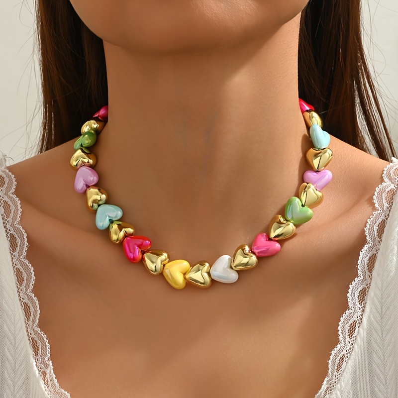 Boho Resin Heart Necklace Colorful with Lace Top