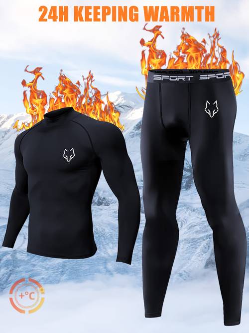 item picture 2pcs thermal underwear set for men black sports base layer with wolf logo 4h for hiking skiing cold weather winter warm long johns for skiing outdoor activities