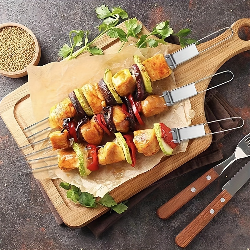 2pcs double ended reusable stainless steel barbecue fork semi automatic outdoor bbq barbecue tool portable barbecue skewer lamb hot dog fork camping picnic party bbq accessories bbq gadgets details 5