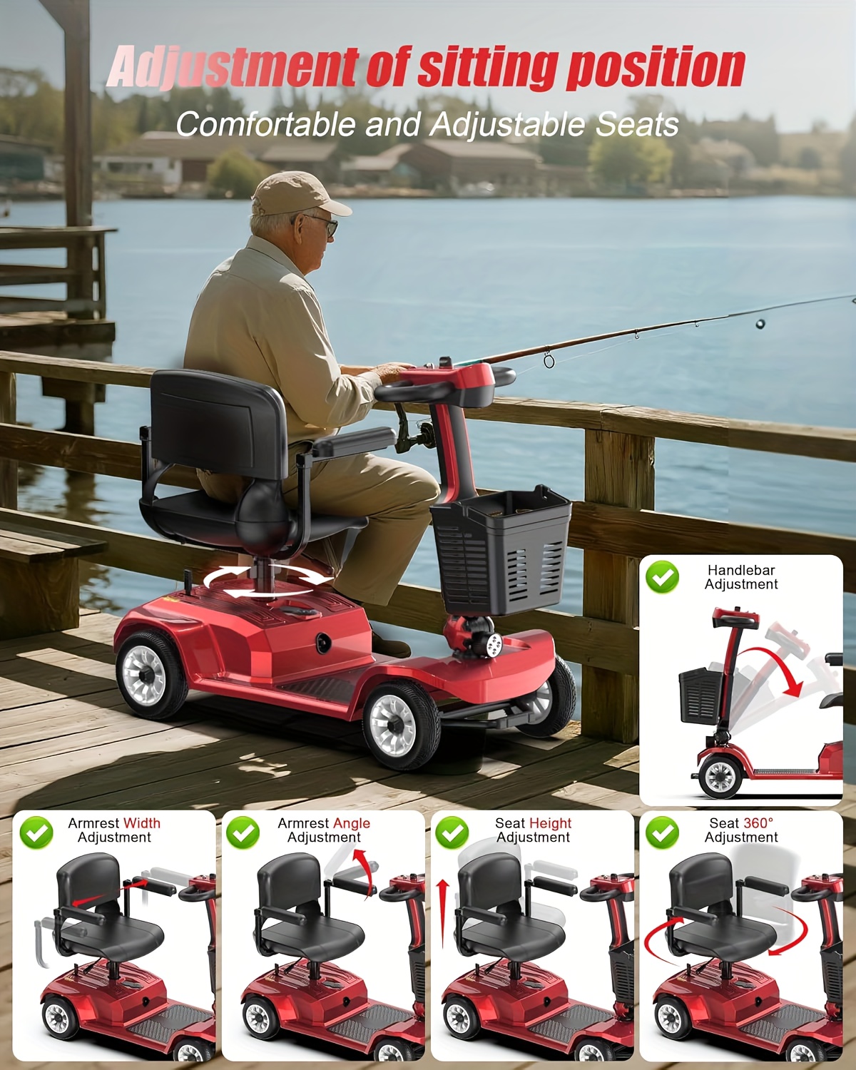 lightweight 4-wheel electric mobility scooter with non-slip   solid tires, front basket, led headlight, foldable adult mobility scooter with red/black/blue/purple colors, senior transportation, safety features disabled mobility aid Product details 10