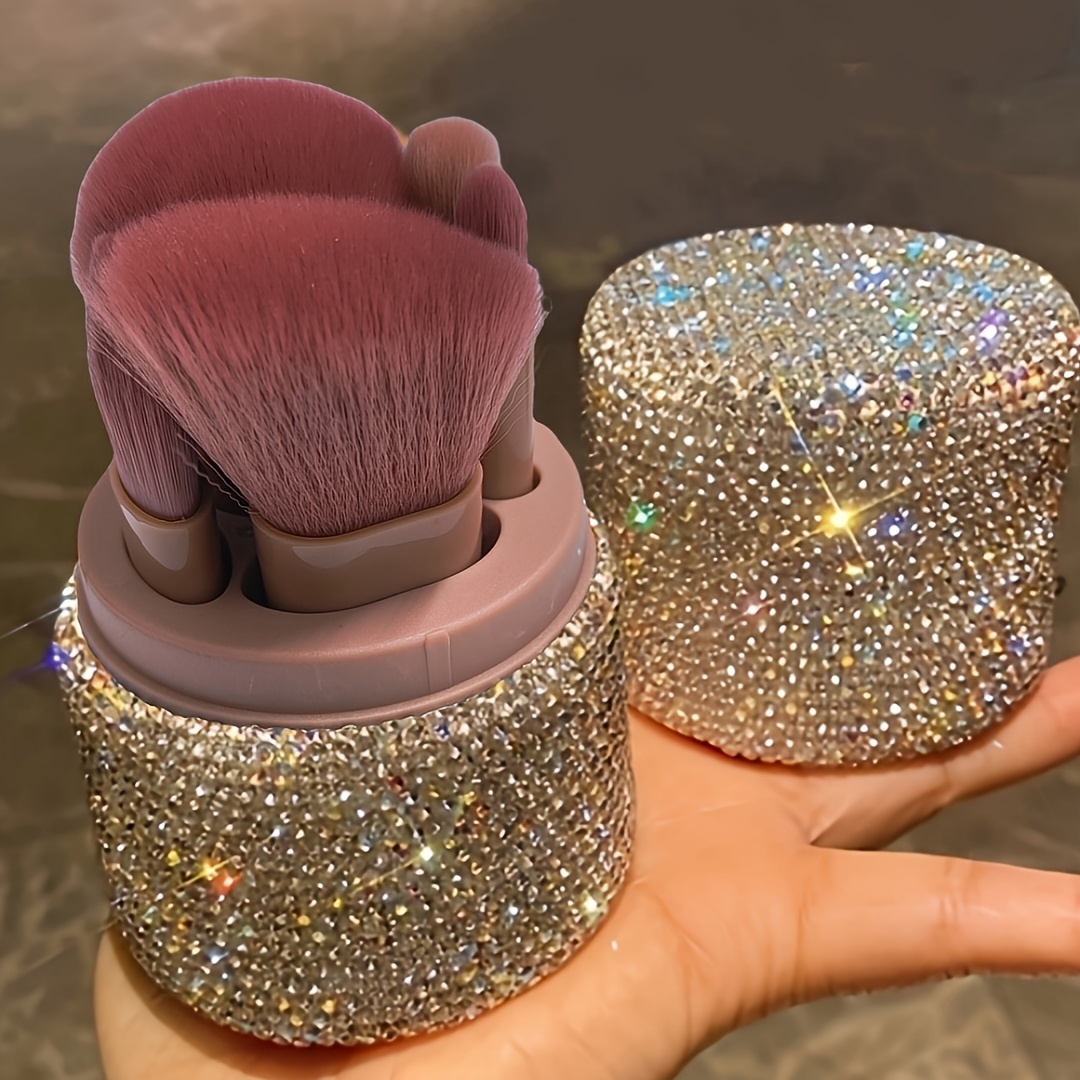 

Portable Makeup Brush Set With Glitter Storage Bucket, Powder Eyeshadow Foundation Brush, Rhinestone Decoration Dust Brush Bucket With Lid