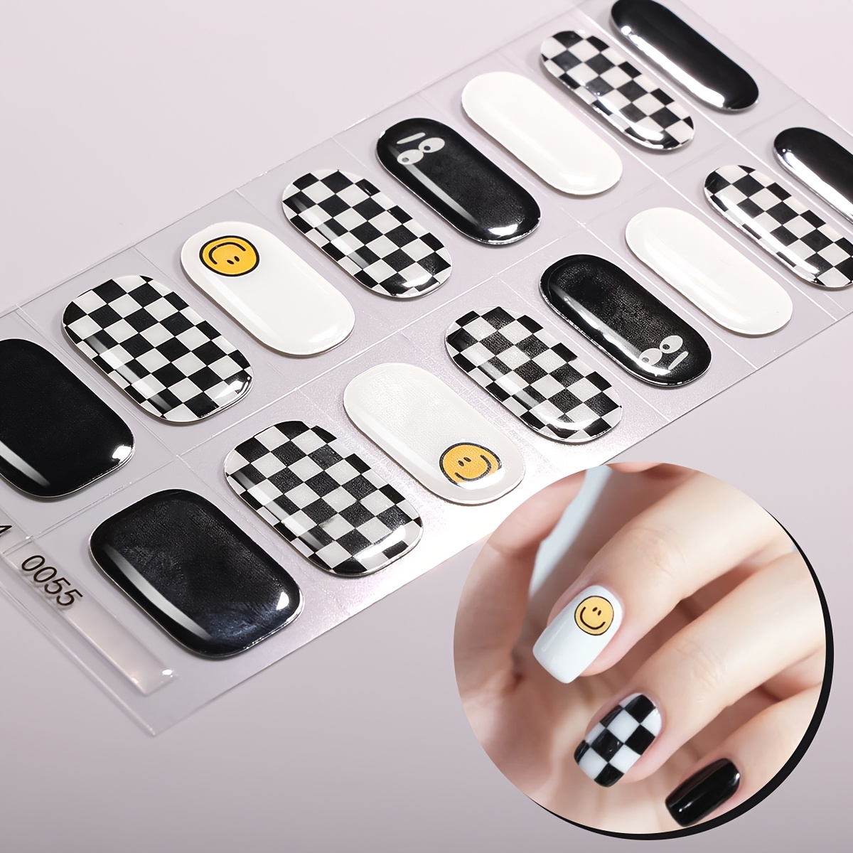 Image of 16pcs Black And White Semi Cured Gel Nail Strips, Gel Nail Full Wraps, Easy To Manicure, , Nail Stickers For Women's Diy At Home