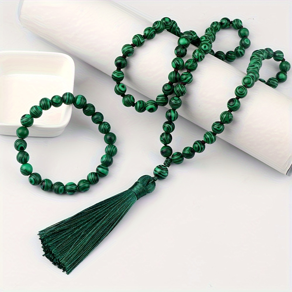 

Elegant Style 108 Beads Mala Necklace & Bracelet Set, Malachite Stones With Tassel, Prayer Jewelry, Green Accessory