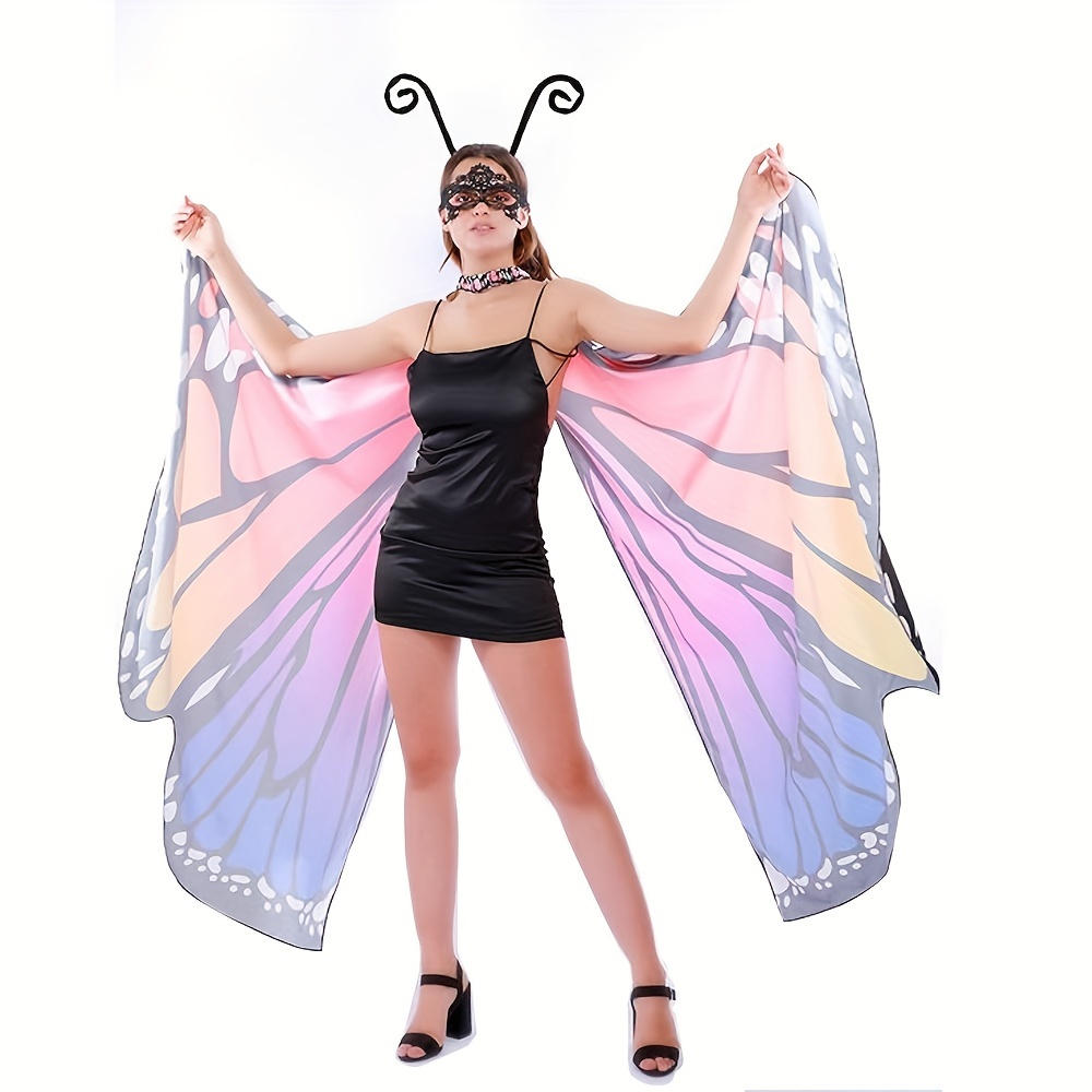 Conjunto de fantasia de asas de borboleta 3 peças, capa de fada para uso diário com bandolete de antenas e máscara de renda, traje de Halloween para mulheres, xaile de festa colorido para acessórios de disfarce