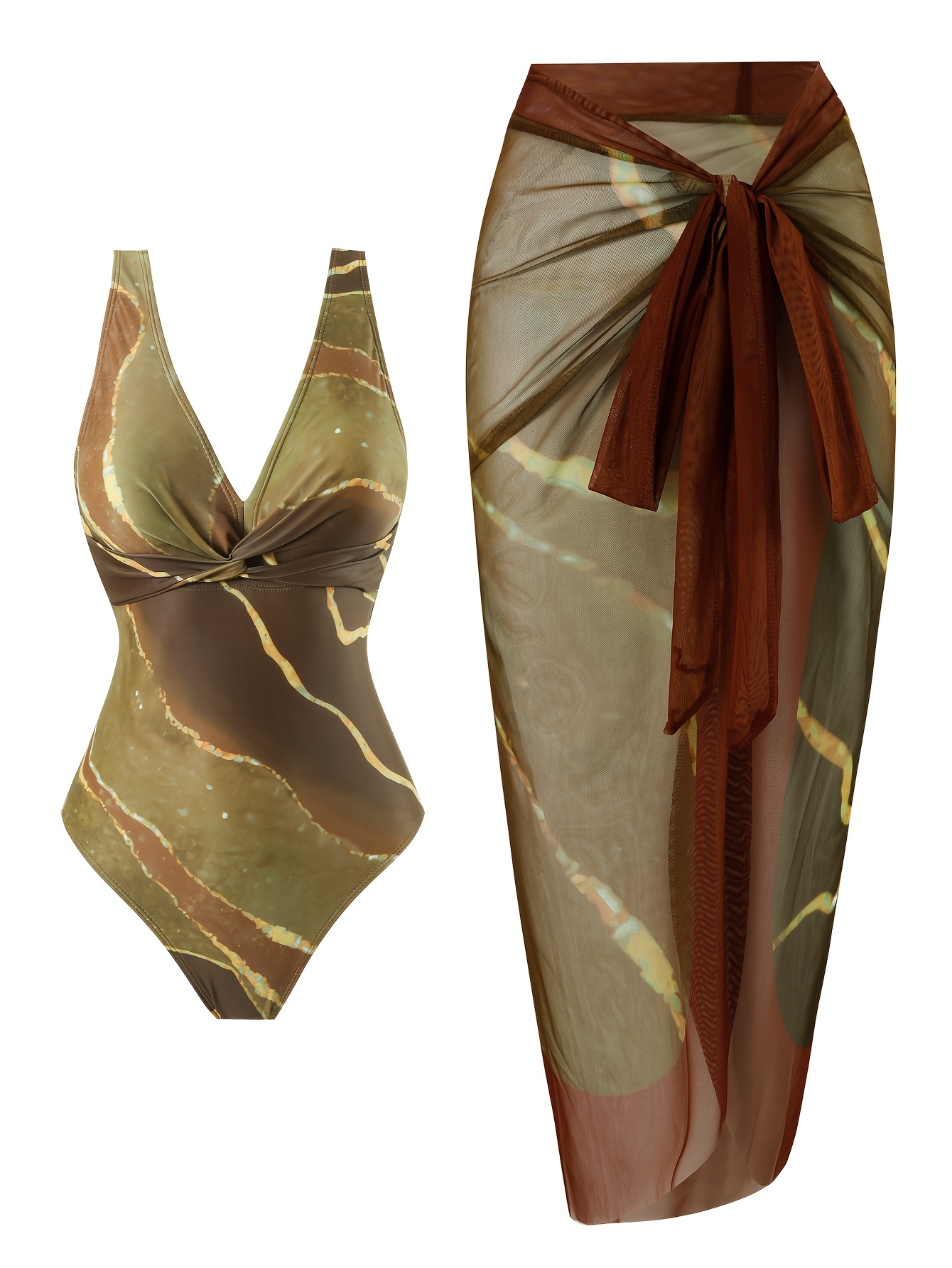 Kaffefarbene Marmor-Muster-Twist-Cross-Elegante Bauchabdeckung Slim Fit Einzelteils-Badeanzug Plus Mesh Zwei-Teil-Set Damen-Badeanzug-Set