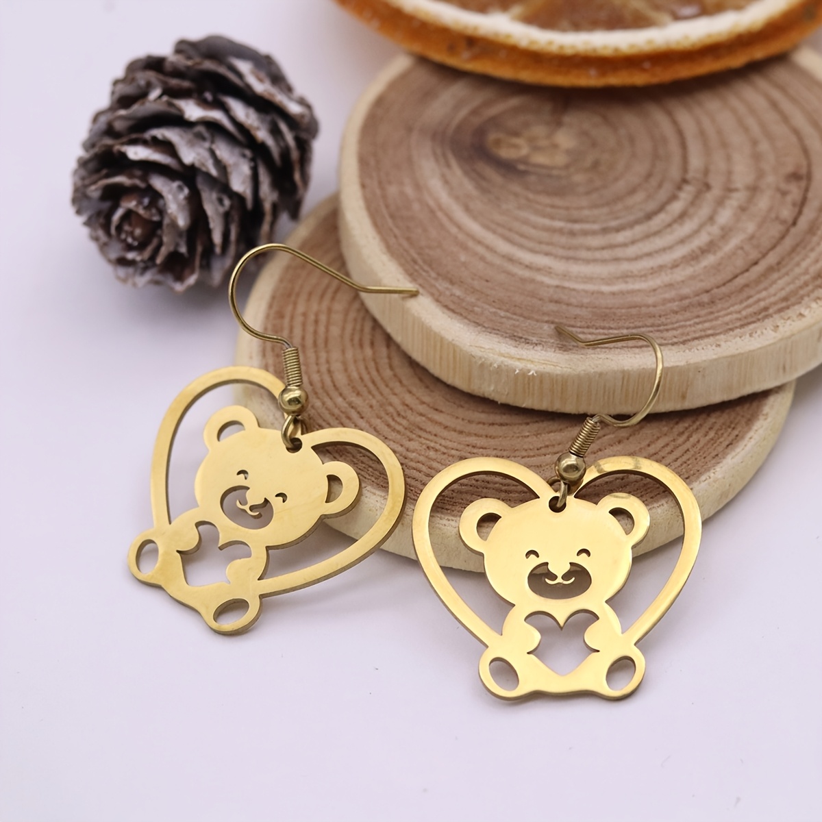 Hollow Heart Bear Earrings, Cute Animal Gift
