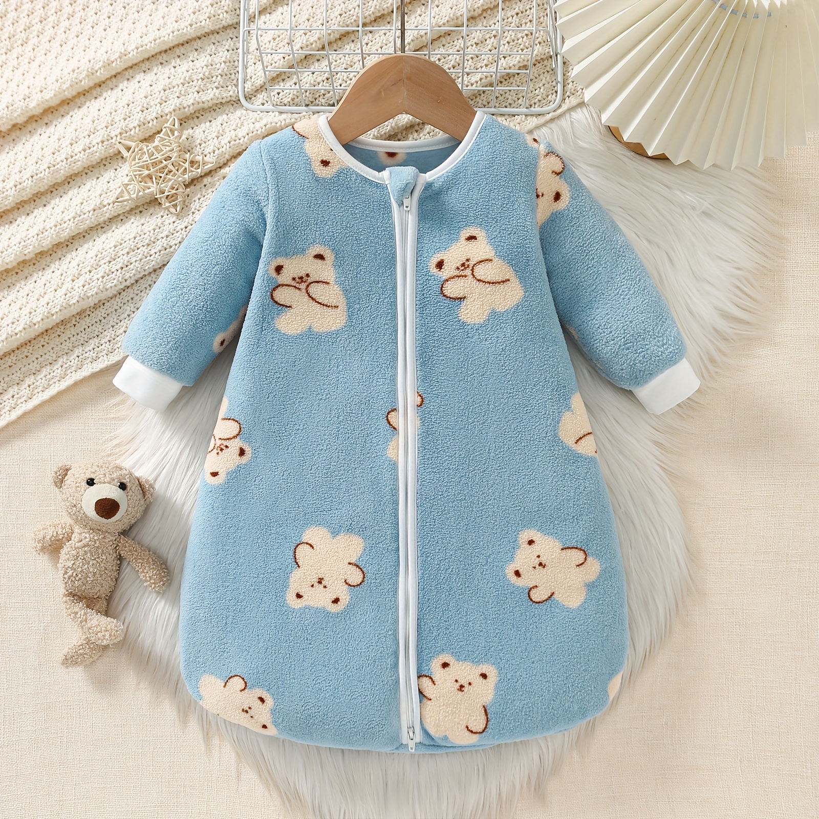Image of Baptism Gift And Robe Baby Little Bear Long Sleeve Fleece Double-way Zipper Hidden Zipper Autumn Winter Warm Anti-kick Soft Comfortable