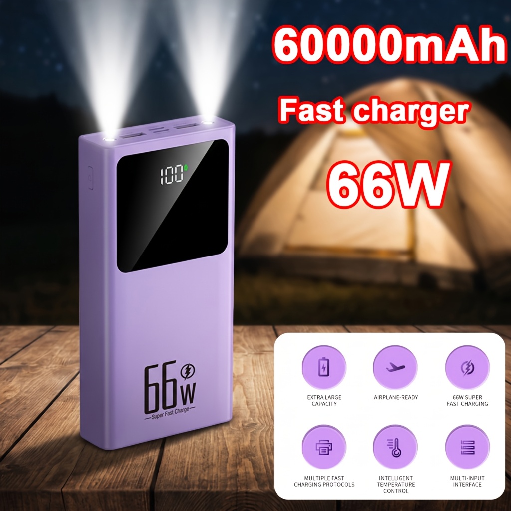 TEMU Large-capacity 60000mah Outdoor Emergency Backup Power Supply With Lights. With 2x Usb Output; Type-c, Micro Dual Input Ports, Led Digital