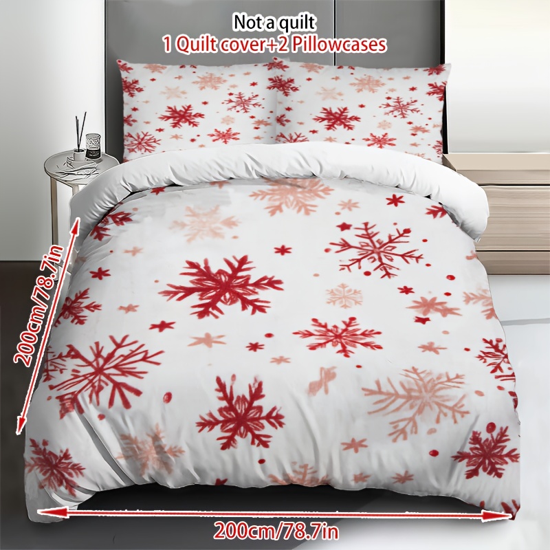 3pcs Winter Bedding Set - Red & Grey Snowflake Pattern, Machine Washable All-Season Duvet Cover & Pillowcases (1 +2) for Christmas, New Year's Decor - Bedding Basics Collection, Holiday Bedroom, Guest Room Essentials, Festive Design, Easycare Fabric, Durable Material, Seasonal Gift Buyers, Home Decorators, 2D Flat