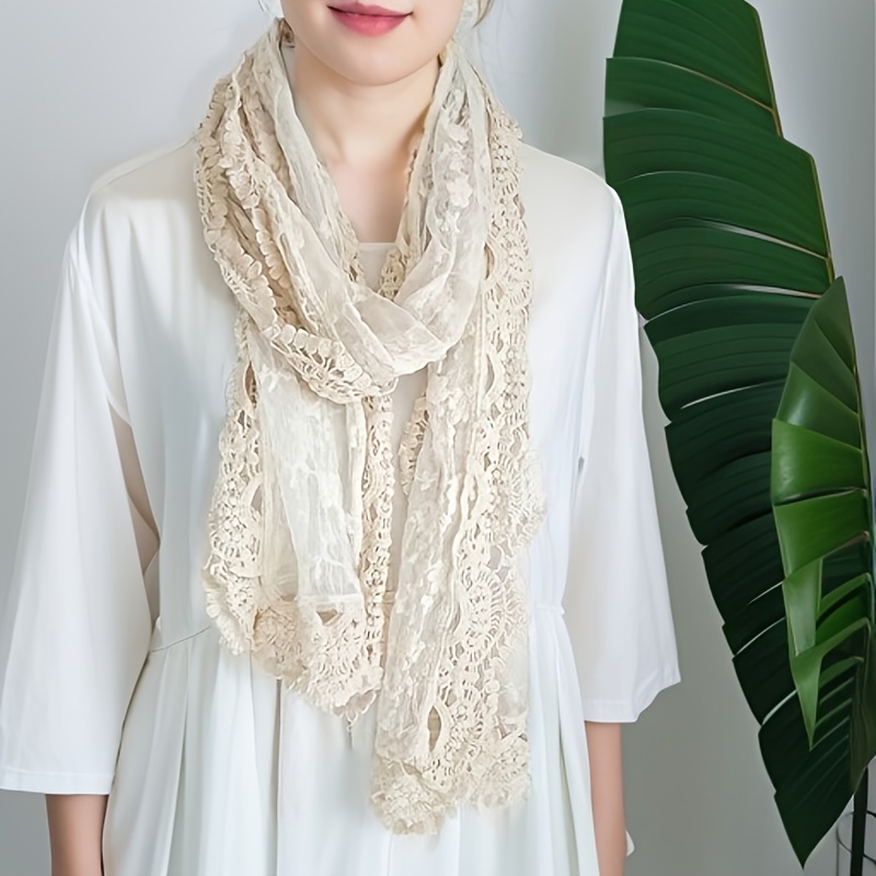 

European-style Women's Tassel Gauze Scarf Plain Lace Embroidery Lace Long Scarf Shawl Rice Pure Cotton Scarf Decoration