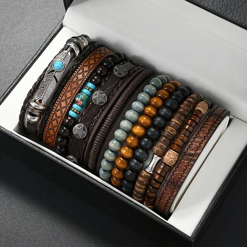 bohemian style mens 11pcs stackable bangle bangle bracelet set multi layer wooden bead and feather wristbands