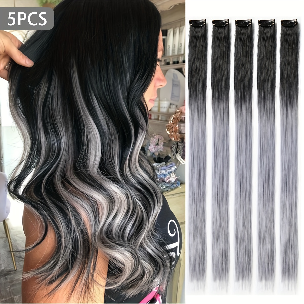 TEMU 5st Halloween Feest en Kerstdag Synthetische Verlenging Clip Haar 20 Inch Rood Blauw Grijs Multikleurige Kleurrijke Clip-In Haarextensies voor