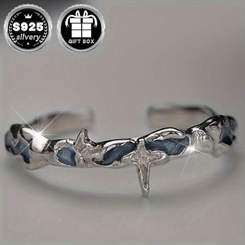 

Chic Adjustable Star & Ring - 925 Sterling Silvery With Ocean Blue Enamel, Perfect For Casual Attire Or Gifting