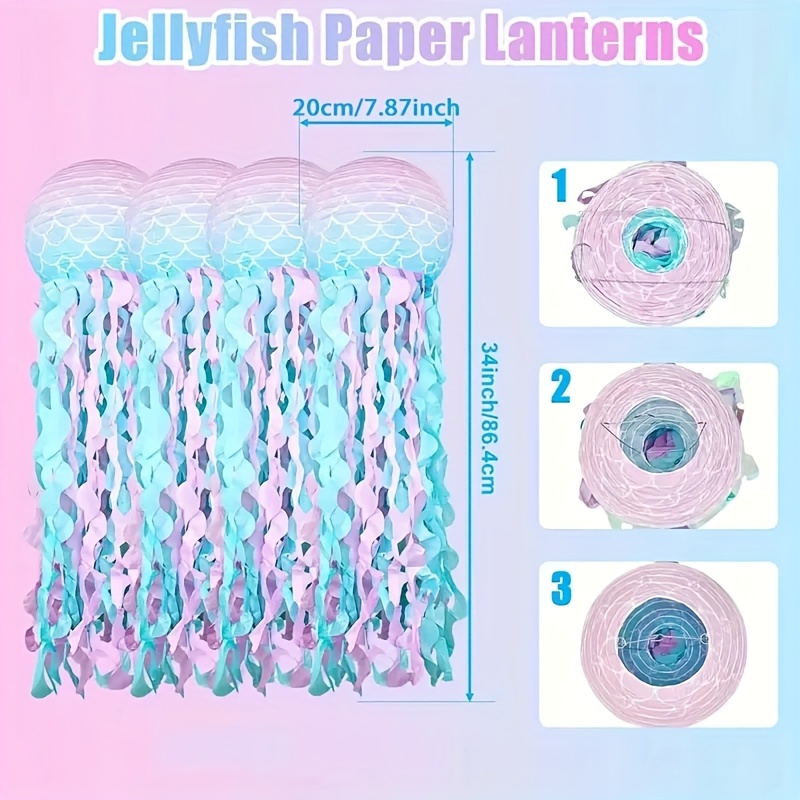 Image of Set Of 4 Jellyfish Paper Lanterns For A Mermaid-themed Celebration, Perfect For Under The Sea Ocean Birthday Or Wedding Decorations
