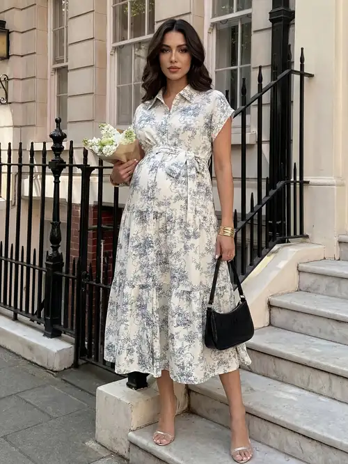 elegant breastfeeding dress Floral Nursing Dress With Pockets -Bell Sleeve- Navy Floral