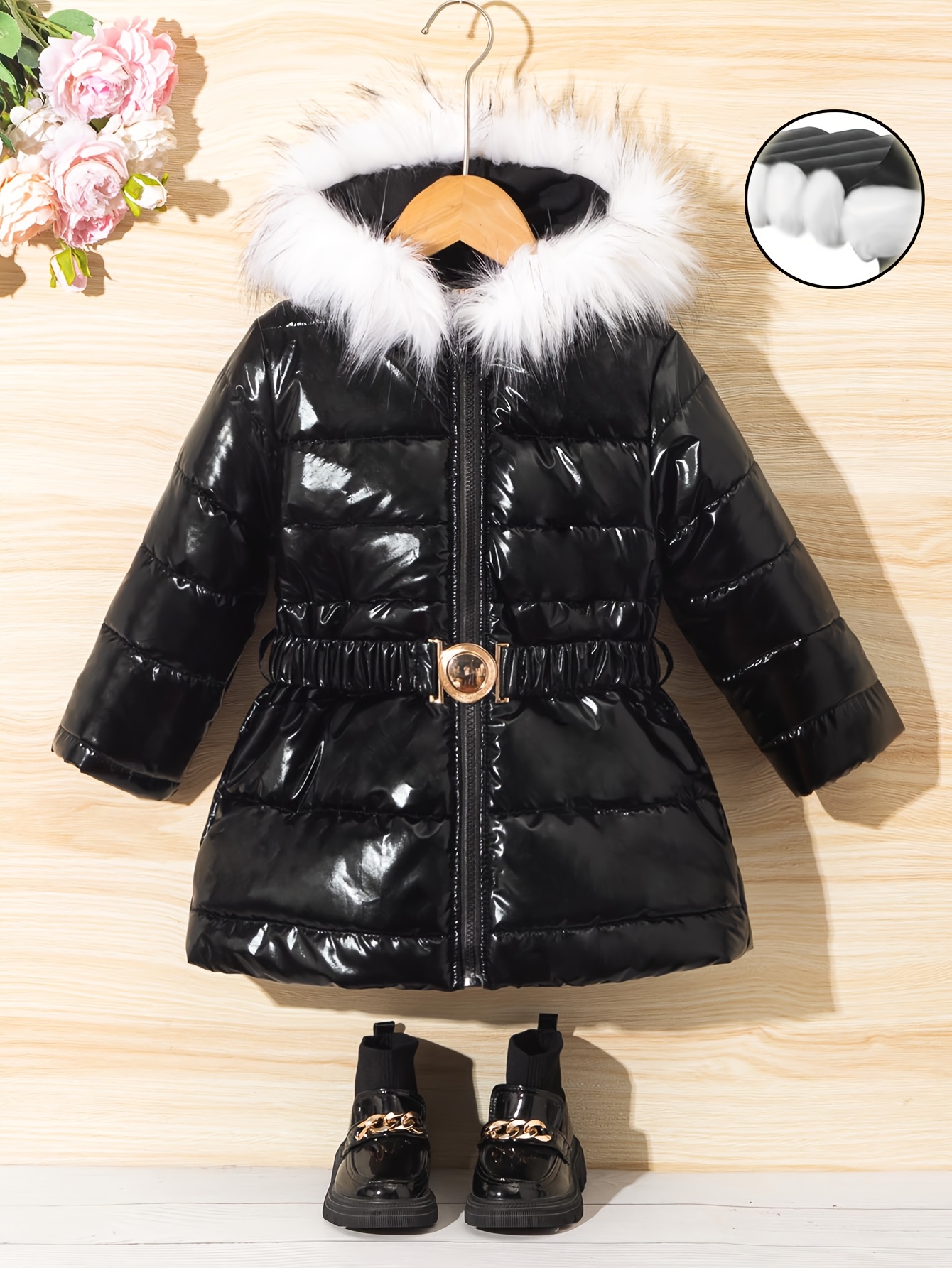 Kerstmeisjes 110-150cm Herfst/Winter Warme Modieuze Klassieke Bontkraag Midi Jas met Riem