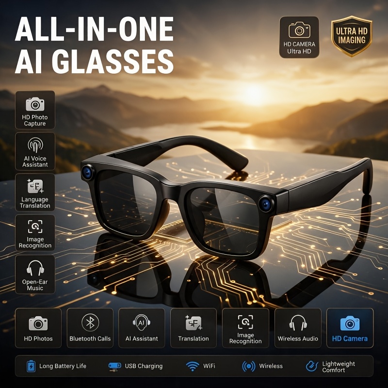 TEMU Ai Camera Smart Glasses With & Wireless - Wireless Music, Hd Recording, Real-time Translation, , Noise Reduction Suitable For Travel, Outdoor,