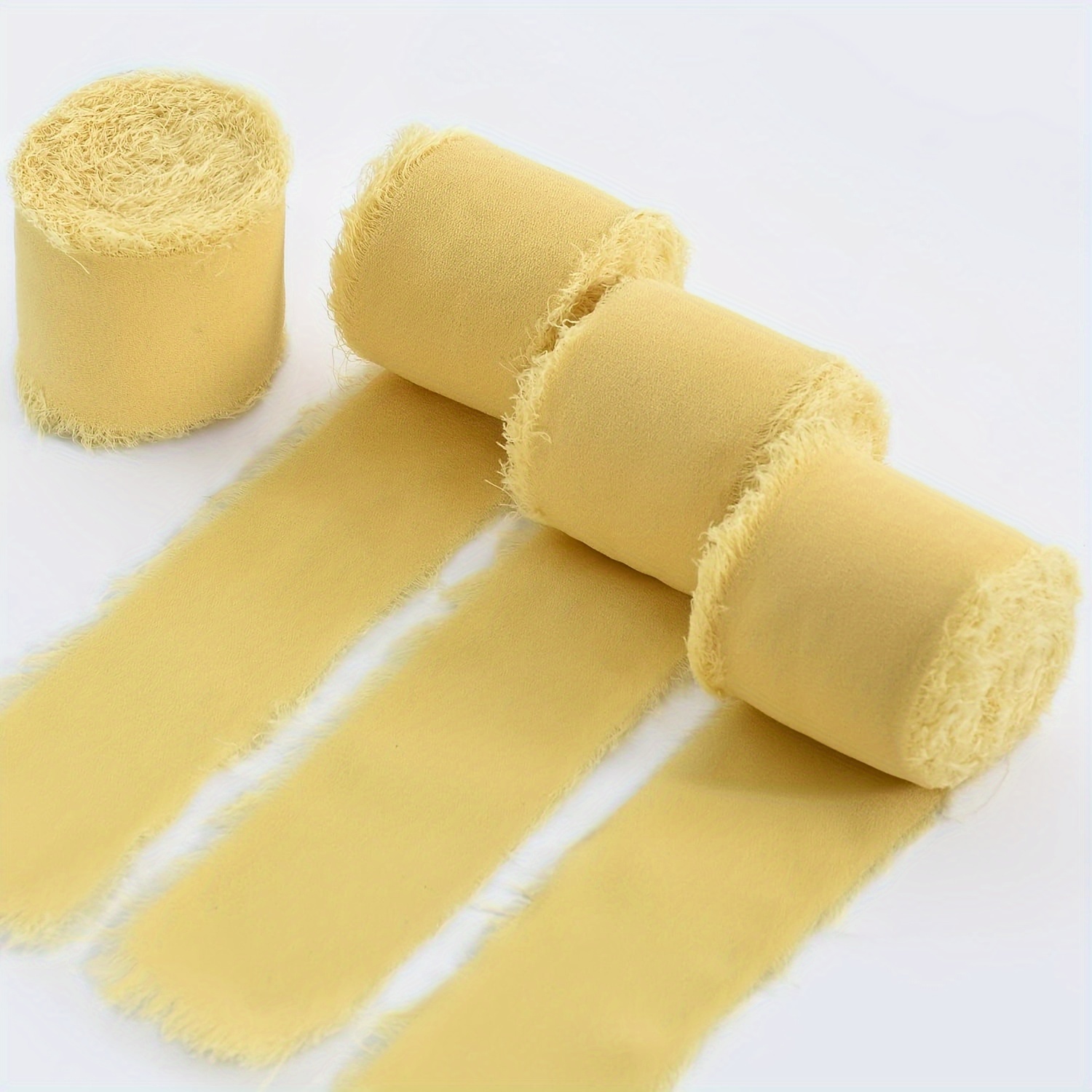 

Set Of 3 Yellow Chiffon Satin Ribbons - 1-1/2" X 22 Yards Each, Frayed Edge Silk Ribbon For Gift Wrapping, Bridal Bouquets, Wedding Invitations, And Craft Decorations