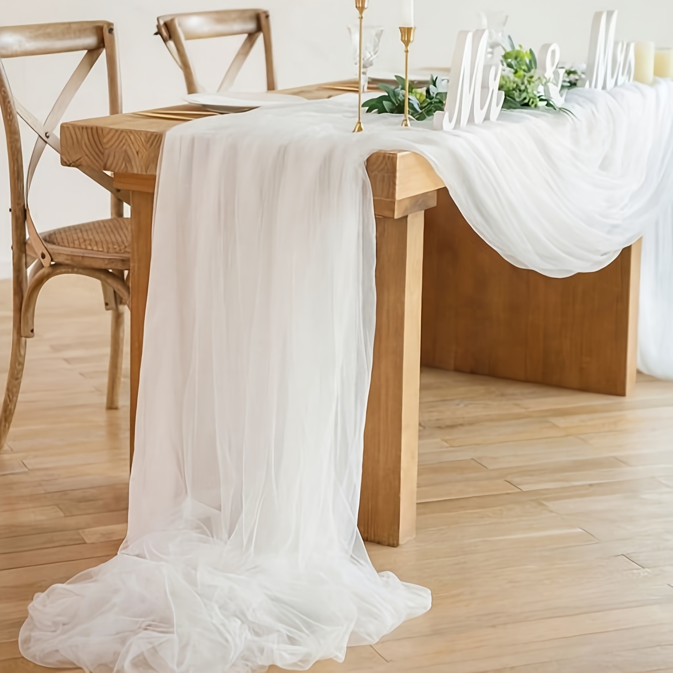 

Elegant Sheer Tulle Table Runner - 118" White Draping Tablecloth For Wedding Centerpieces, Polyester Bridal Table Decor, Versatile Chair Sash, Perfect For Reception, Engagement, Party Celebrations