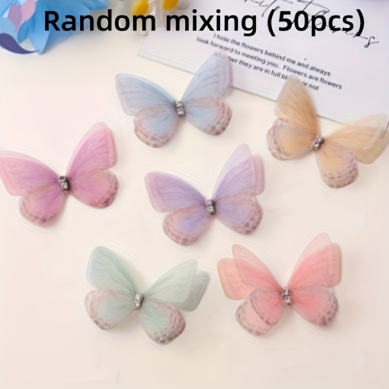 E-shop 50 Stück Gemischte Farben Mini-Tüll-Schmetterlinge, 3D Pastelldekorationen mit Funkelnden Verzierungen - Ideal für DIY-Bastelarbeiten,