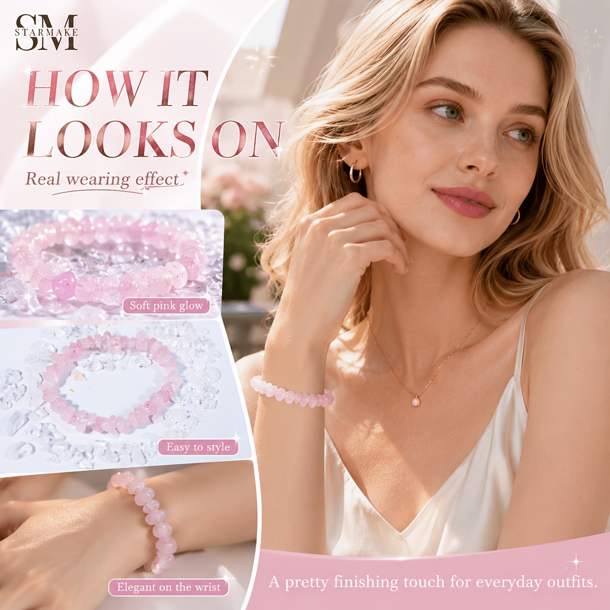 Women's SM Rose Quartz Chip Stretch Bracelet, Boho Style