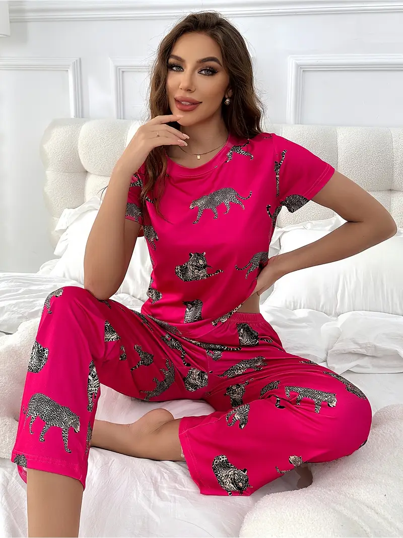 spring summer and autumn winter womens pajamas cartoon animal tiger short sleeve long pants home clothes set Product details 3